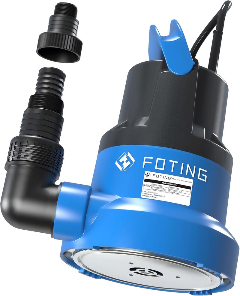 FOTING 1/2HP Submersible Water Pump with Stainless Steel Base - Removes Water to 0.04" Depth, 2450GPH Portable Sump Pump for Puddles, Pools, Boats, Gardens & Ponds - 10Ft Cord Included - Image 1